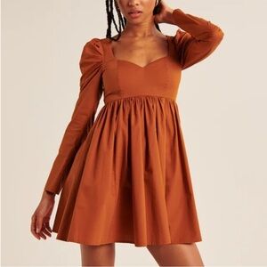Abercrombie & Fitch Long Sleeve Poplin Babydoll Mini Dress Burnt Orange Medium